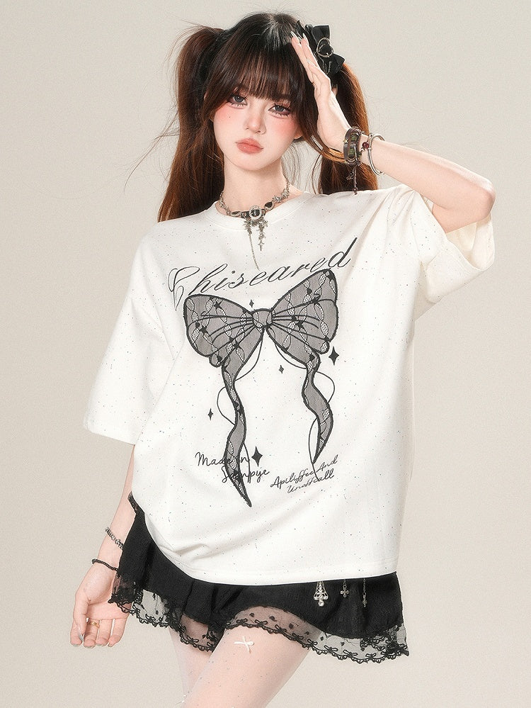 Kawaii T-shirt Print Applique And Daily Letter Bow Star Big White/Black
