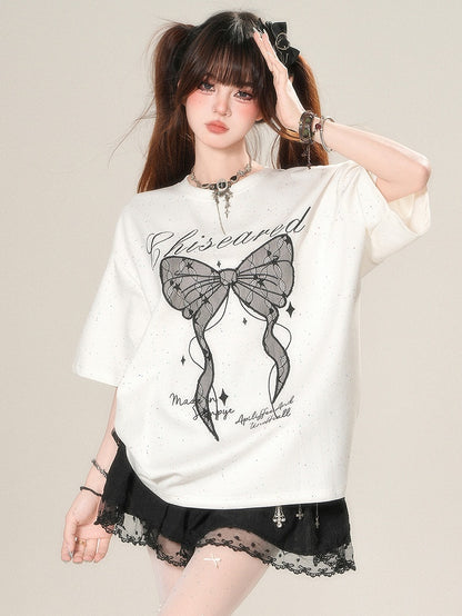 Kawaii T-shirt Print Applique And Daily Letter Bow Star Big White/Black