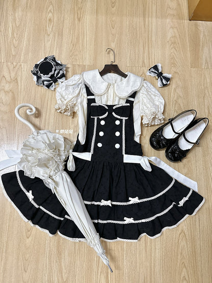Double-Breasted Black Trim Sweet with Lolita Overall Buttons White Lace Dress and