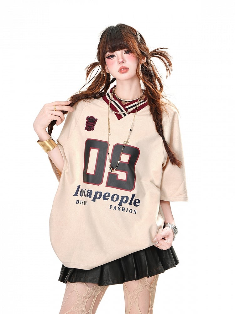 Loose T-Shirt Print Sports Khaki/Navy Blue Preppy Style V-Neck Number