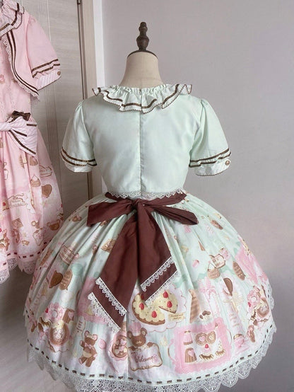Green Sweet Mint Lolita Theme Desserts Two-pieces Print Dress Fake Design Bear