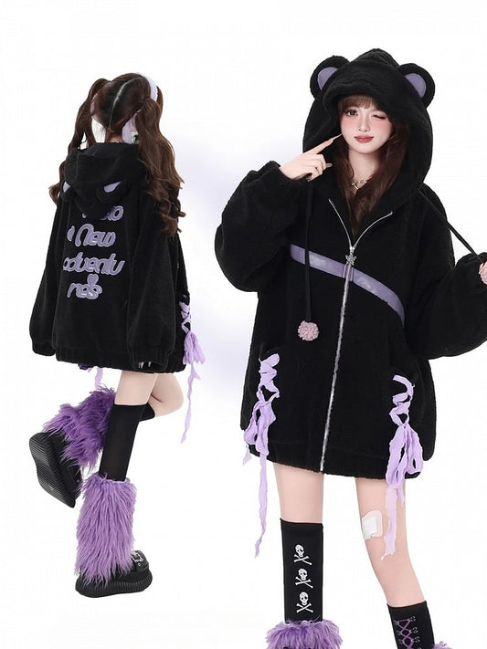 Black Lace-up Detail Bear Ear Thick Hooded Coat