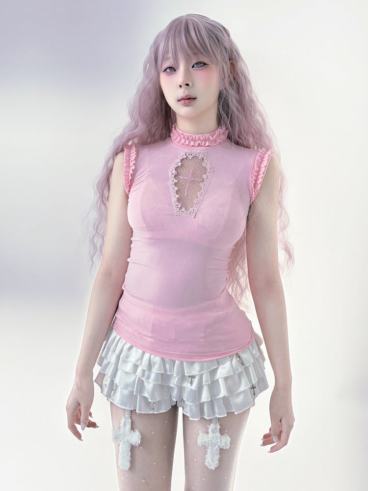 Goth Pink Mock Neck Coffin-Shaped Cutout  Pastel Light Sleeveless Top