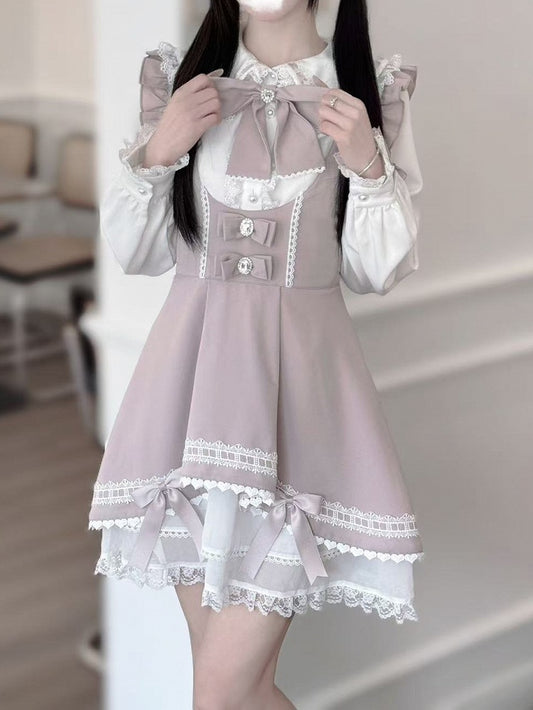 with Sweet Bowknot Skirt Pink Hem Overalls Tiered Kei Chiffon Detail Jirai Dusty