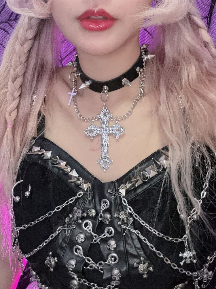 Y2K Punk Crosses Pendant Black Studs Choker