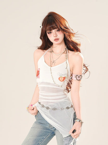 Halter Neck Mesh Hem Strawberry Print White Asymmetrical Top Sweet