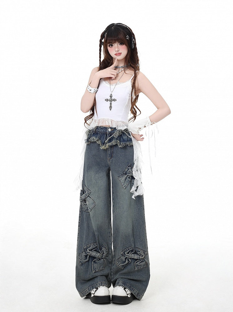 Blue Big Bows Raw Hem Wide-Leg Jeans