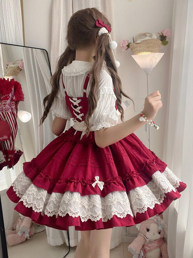 Trim Ruffle Lolita Red Pleated Skirt Summer and Jumper