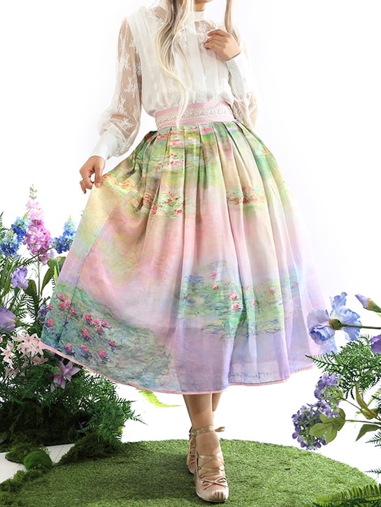 Lily Oil Painting Print Pink Long/Short High Green Waist Skirt and Version Water