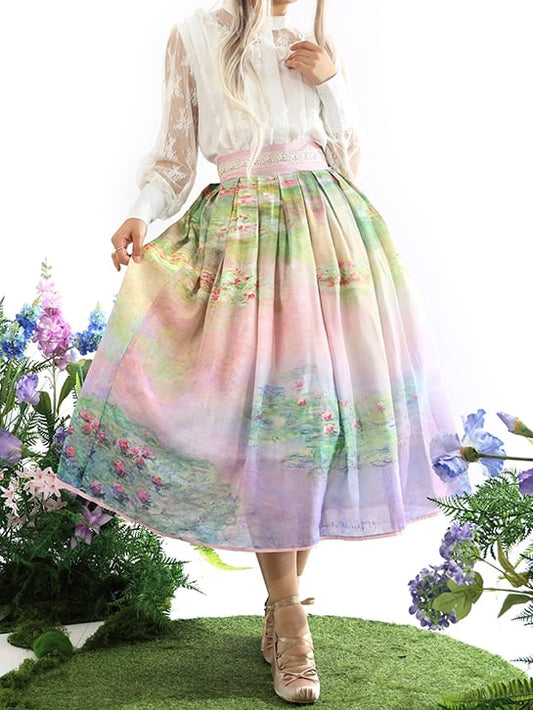 Lily Oil Painting Print Pink Long/Short High Green Waist Skirt and Version Water