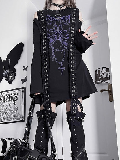 Shoulder Print BlackPurple And Cutout Top Emo Skeleton Punk Letter Long Sleeves