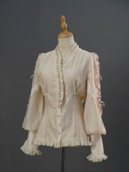 Beige and Purple Ruffle Crossover Neckline Long Sleeves Shirt