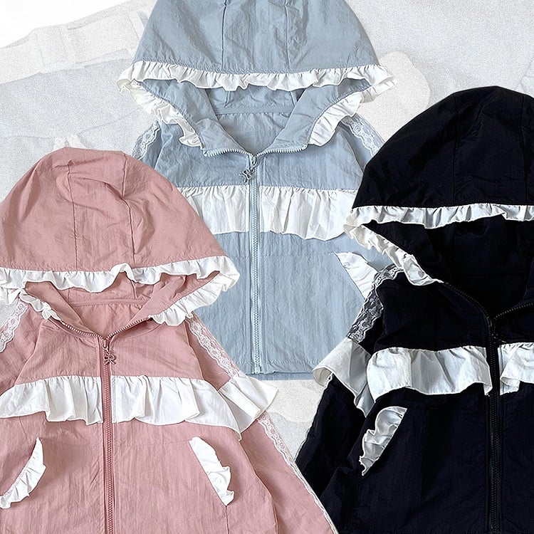 Blue Lace Accents Techwear Landmine Style Cropped Zip Hoodie