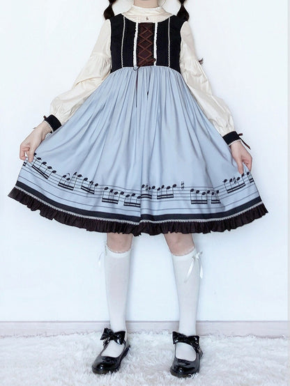 Robe Lolita d'automne bleue à manches longues et col pointu séparé, motif notes de musique