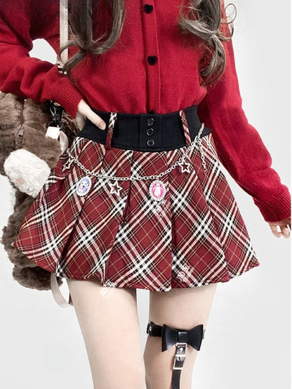 Wine Red Plaid Pattern Pleated Skirt