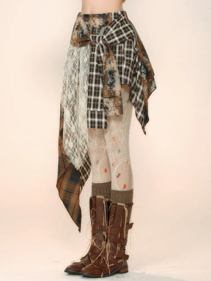 Belt Fabric Plaid Asymmetrical Skirt with and Coffee Lace Self-tie