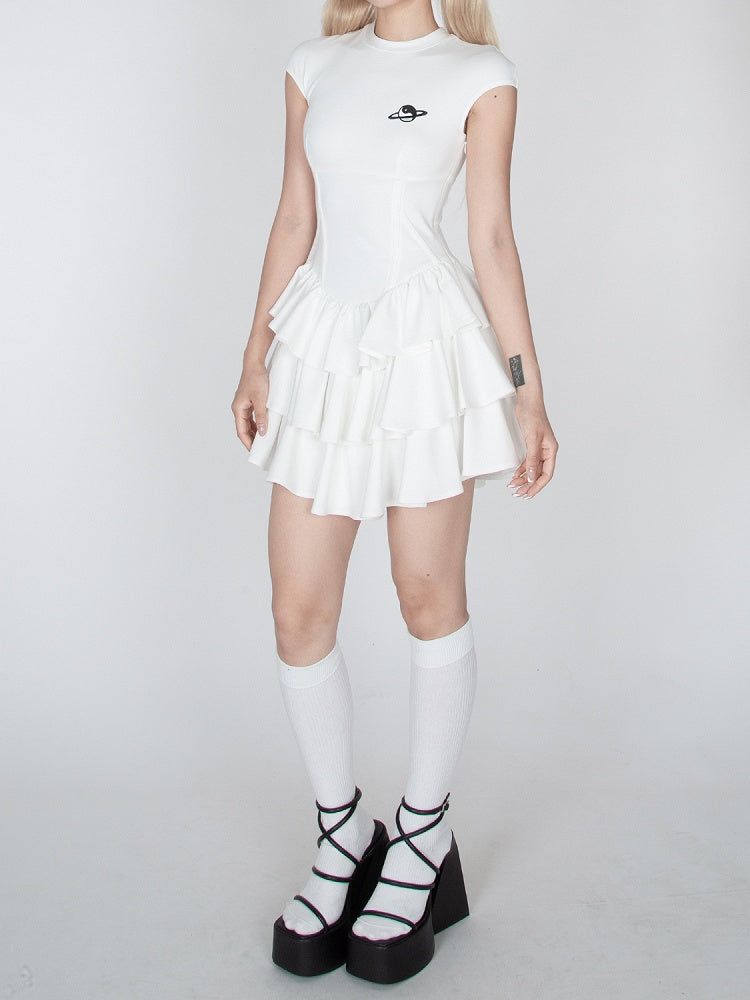 Black/White Tiered Ruffles Mini Skirt Short Sleeve Dress