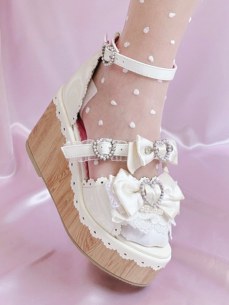 Sandals - Lolita White Heart Platform Beaded Buckles Old School