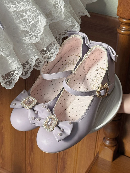 Janes Bowknot Lolita Details Beaded Decorated Mary Rhinestone Toe Round And Shoes Purple