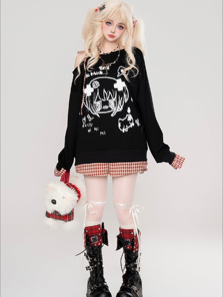 Haut Yami Kawaii noir/blanc à encolure asymétrique et poignets à carreaux