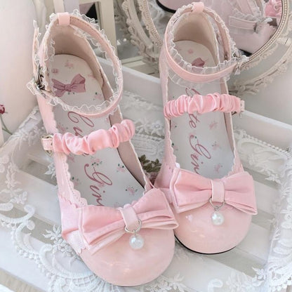 Pink Bowknot Heart Buckle Strap Lace Details Block Heel Lolita Mary Janes