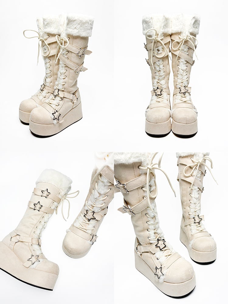 Y2K Creamy White Star Buckle Straps Plush Trim Platform Boots