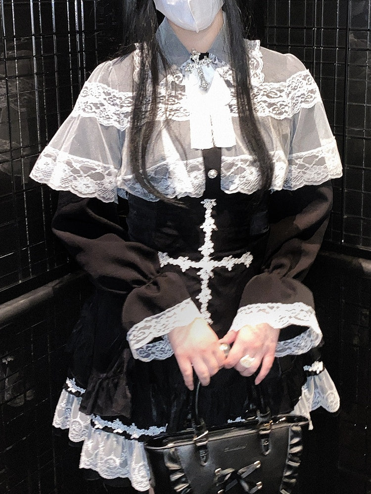 Jirai Kei White&Black/All Black Lace Cape Design Landmine Style Blouse