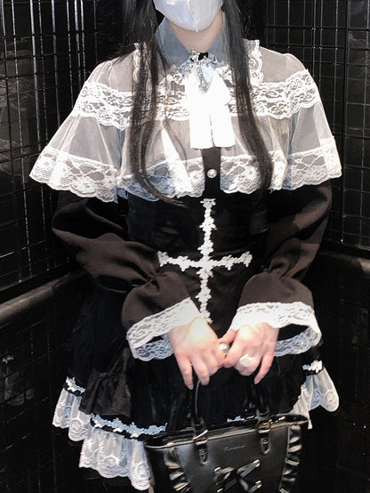 Jirai Kei White&Black/All Black Lace Cape Design Landmine Style Blouse