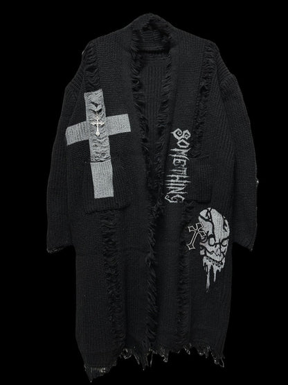 Cardigan gothique punk noir avec croix et squelette, trous de détresse, bord brut
