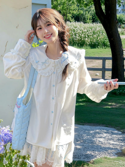 White Lace Trim Peter Pan Collar Bowknot Details Blouse