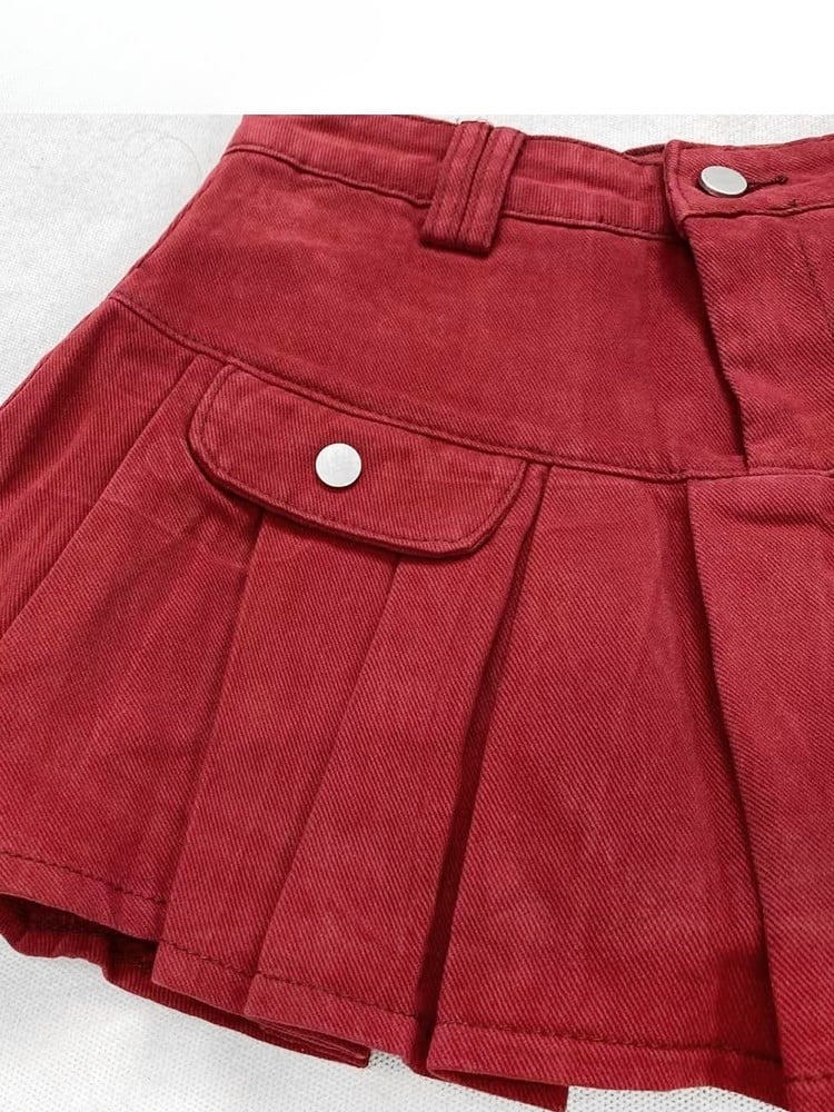 Pleated Denim Skirt Red Christmas
