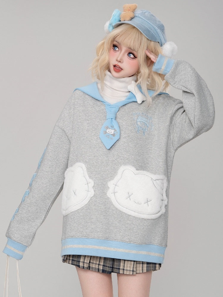 Blue/Black Kitty Embroidery Sailor Collar Sweatshirt