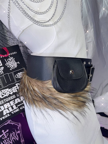 Black Faux Fur Trim Buckle Belt+ Snap Waist Bag