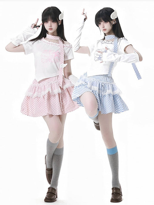 Blue with Scarf Plaid Pink/Baby Starfish and Seashell Print Ruffled Asymmetrical Neckline T-shirt