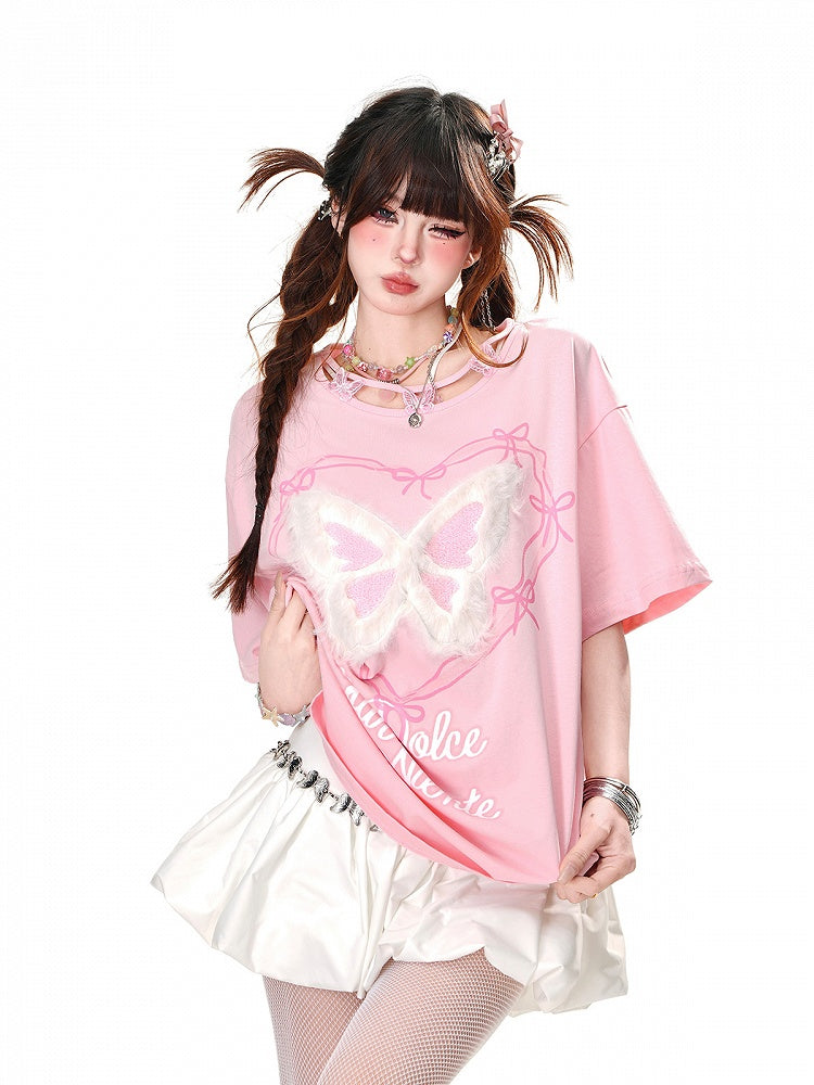 Butterfly Design Neckline Plush Butterfly Pink/Black Graphic T-shirt