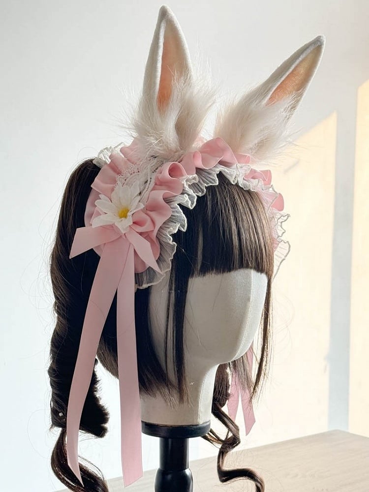 Pink Ears and Red/Pink/Black Rabbit Daisy with Hairband Decoration Lolita Lace