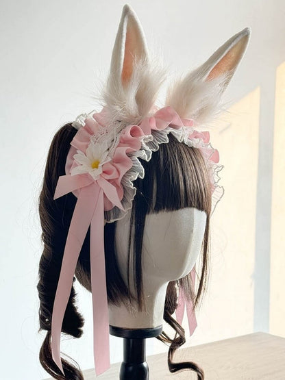 Pink Ears and Red/Pink/Black Rabbit Daisy with Hairband Decoration Lolita Lace