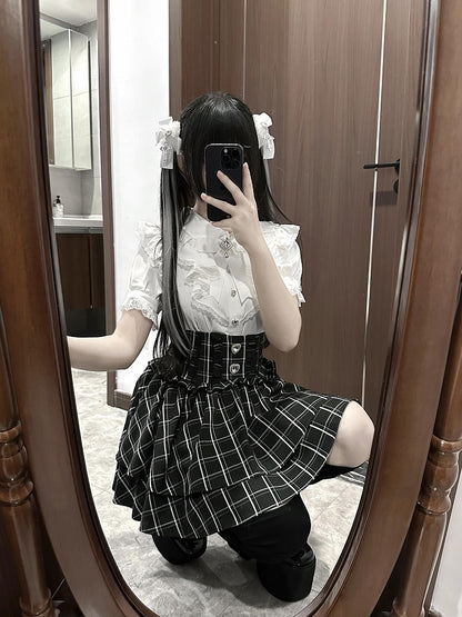 Stufenrock Strass Verziert Jirai Kei Schwarz/Weiß/SchwarzWeiß Herz