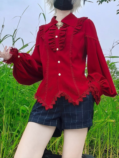 Red Elegant Pointed Collar Long Sleeves Shirt