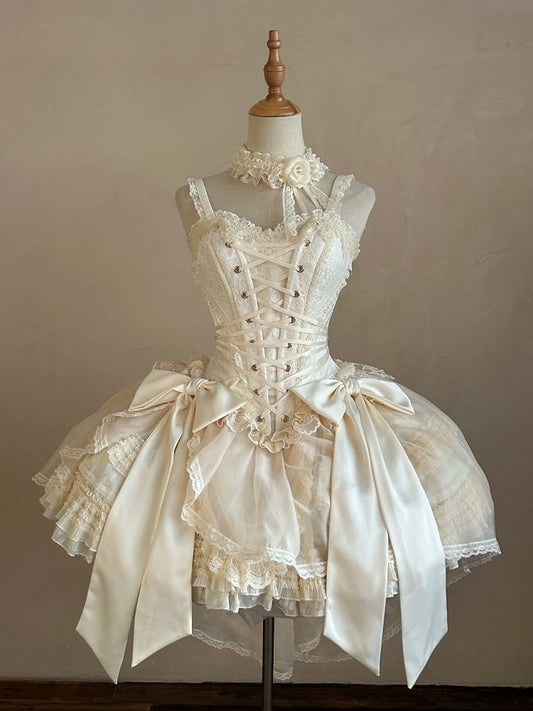 + Top-Set Cremefarbener eleganter Balletcore-Rock Lolita High-Low-Overlay-Korsett – ohne Stäbchen