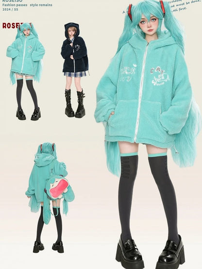 Green/Navy Blue Cute Cats Cat Ears Design Fleece Zip Hoodie