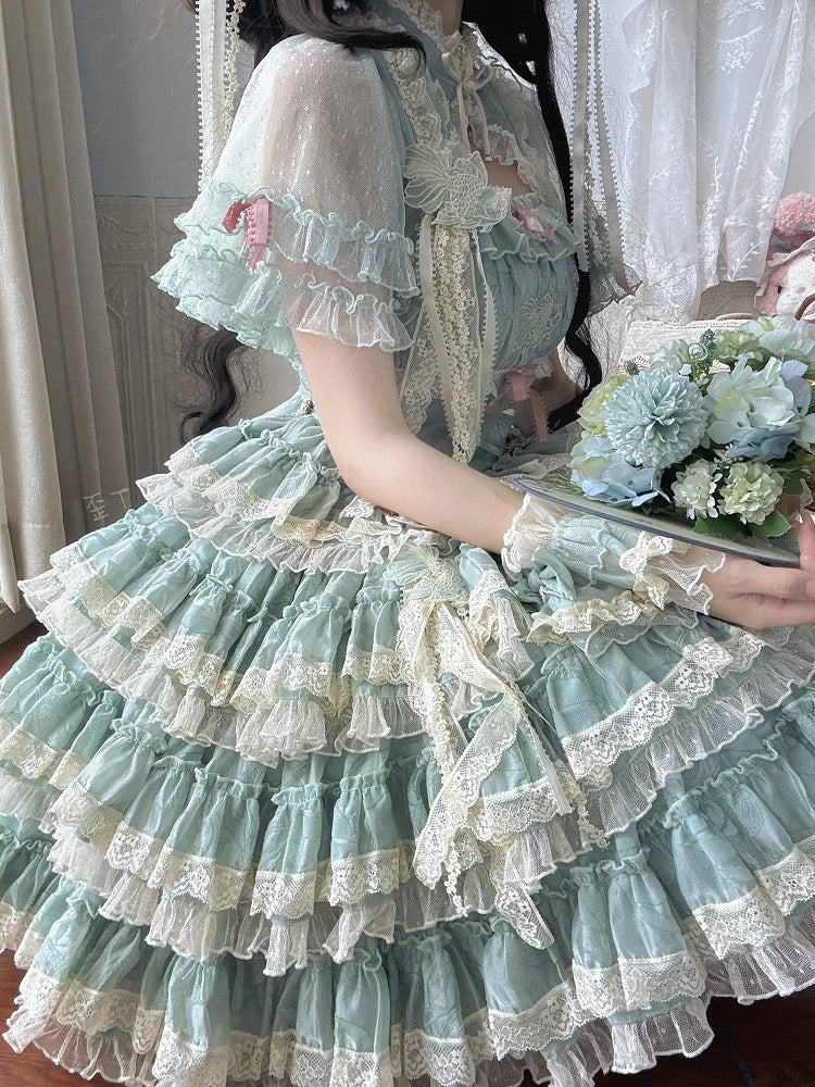 Lolita Dress Ruffles Embroidery Sweet Green and Goldfish Tiered Details Lace with