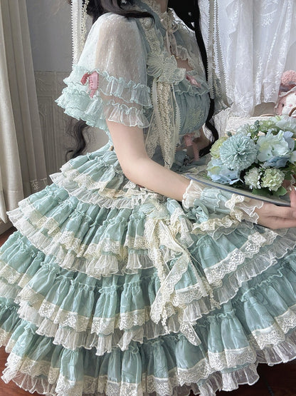 Lolita Dress Ruffles Embroidery Sweet Green and Goldfish Tiered Details Lace with