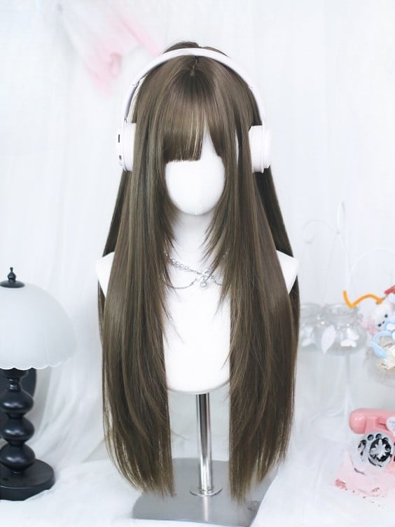 Length Brown Straight With Wig 60-65CM Bangs