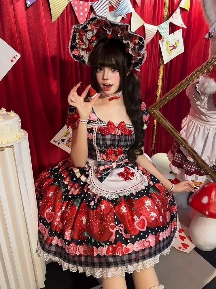 XXL Bust Apron Plaid Print with for 96-111CM Pattern Black Strawberry Sweet Dress Clearance-Size Summer and Lolita