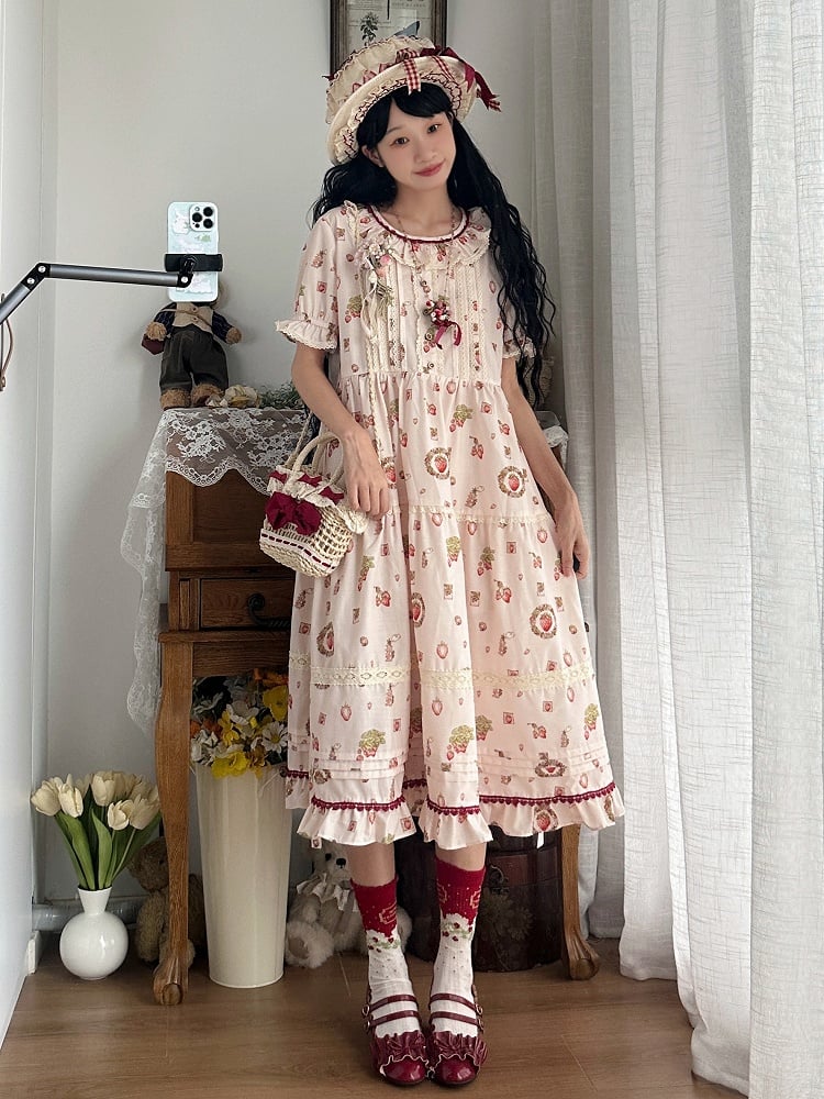 Strawberry Print Pink House Beige Short Sleeves Lolita Dress