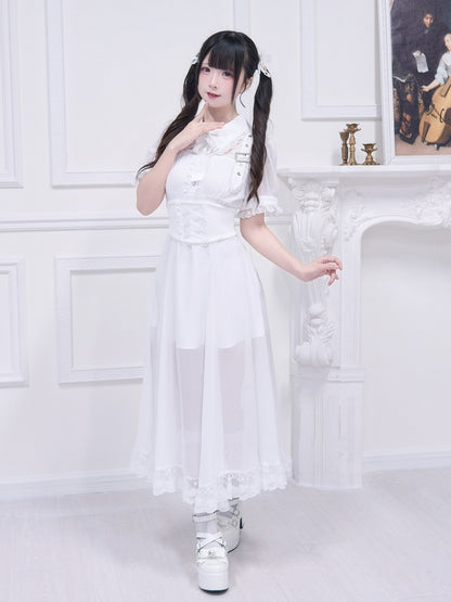 Free Belt Neckline Buckle Jirai Kei White Long Dress Illusion Accents Corset with