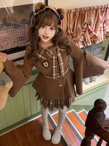 Coffee Preppy Style Bell Sleeves Jacket with Plaid Bow Accent + Coffee Plaid Pleated Skirt Set