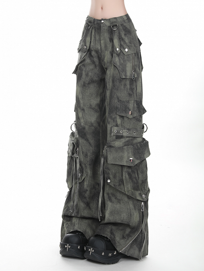 Gray/Green Faded Vintage Dark Wash Wide-Leg Cargo Jeans with Zippered Cuffs