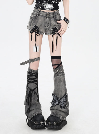 Butterfly with Leg Dusty Gray Lace-up Details Applique Warmers Hem Denim Shorts